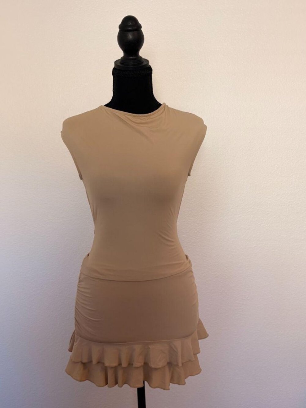 Lioness Nude Fitted Mini Dress – Backless & Ruffles – Small